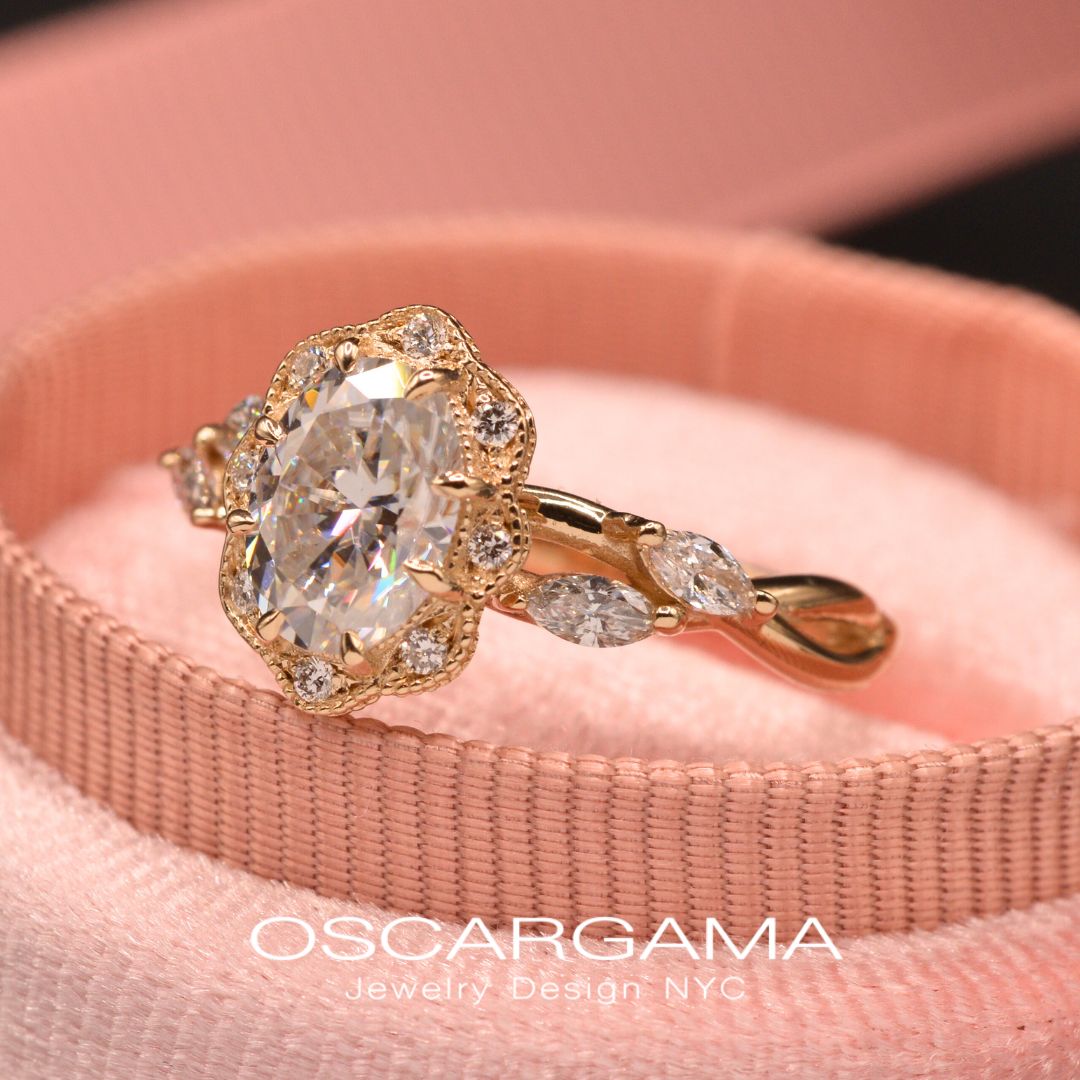 Daisy Oval Twisted Engagement Ring with marquises