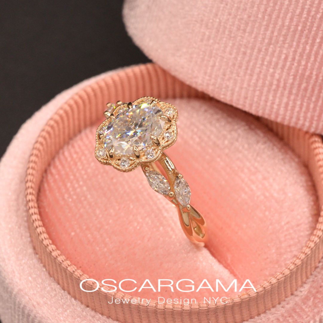 Daisy Oval Twisted Engagement Ring with marquises
