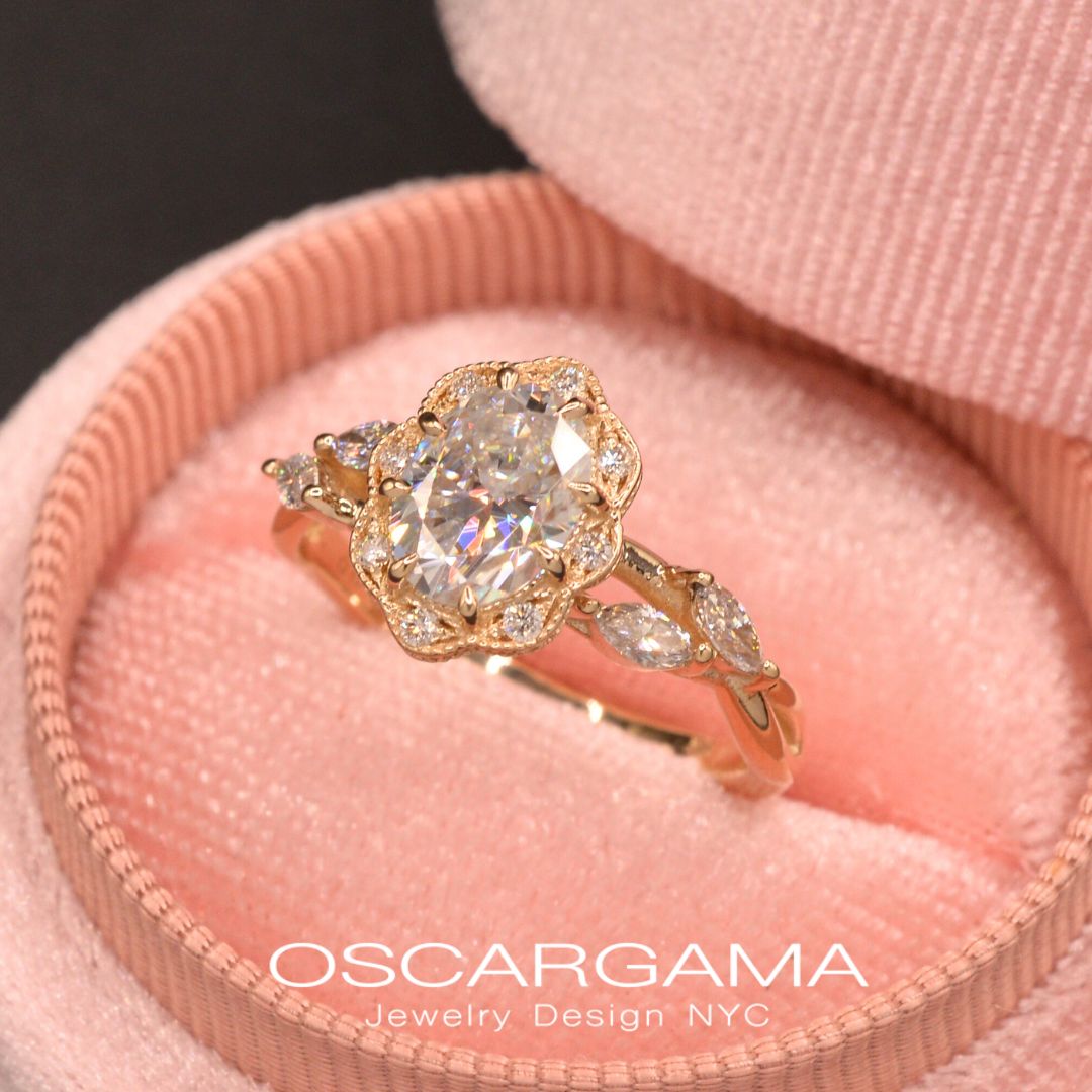 Daisy Oval Twisted Engagement Ring with marquises