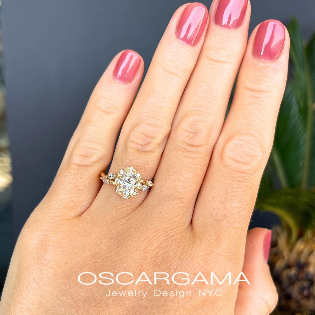 Daisy Oval Twisted Engagement Ring with marquises