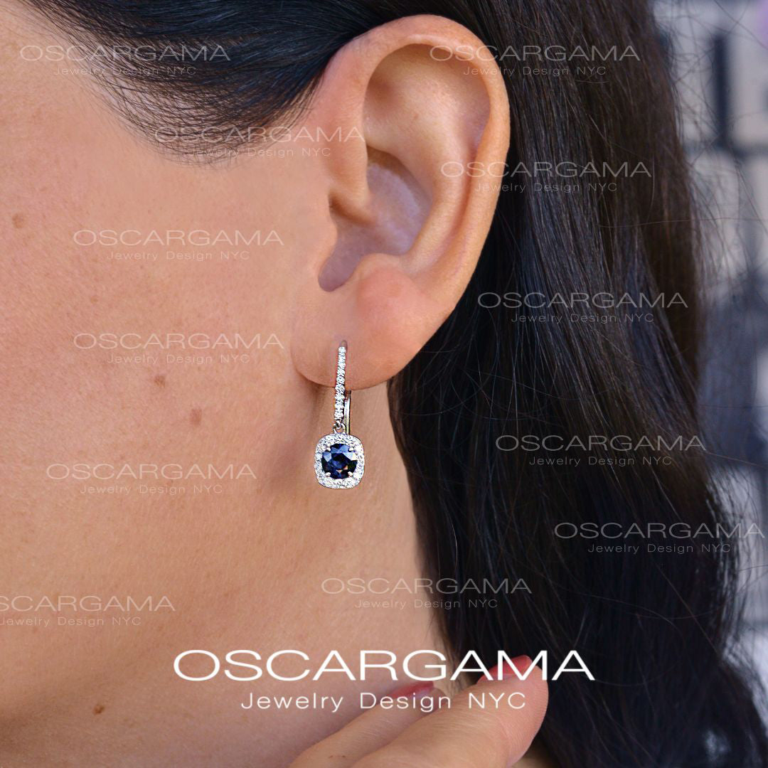 Midnight Blue Sapphire & Diamond Halo Drop Earrings