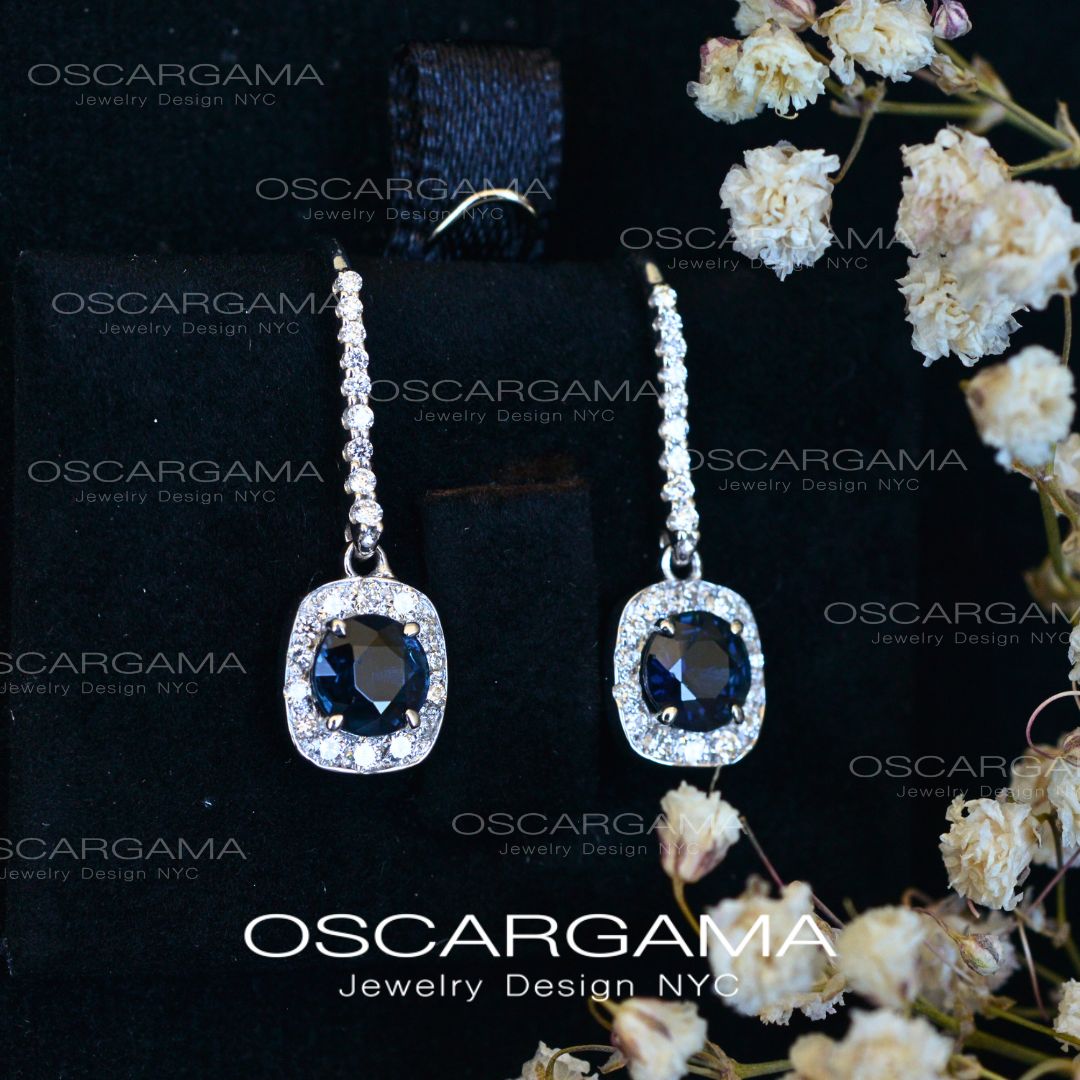 Midnight Blue Sapphire & Diamond Halo Drop Earrings