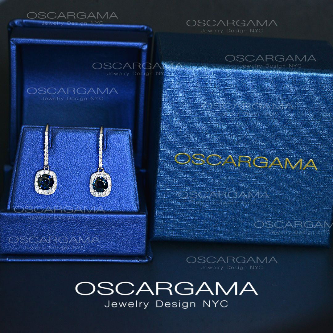 Midnight Blue Sapphire & Diamond Halo Drop Earrings