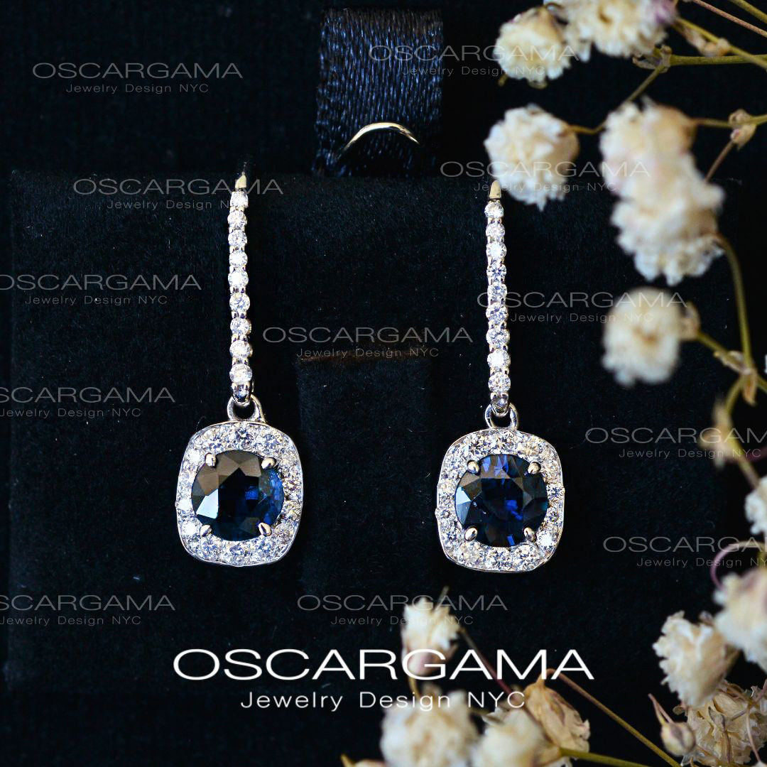 Midnight Blue Sapphire & Diamond Halo Drop Earrings