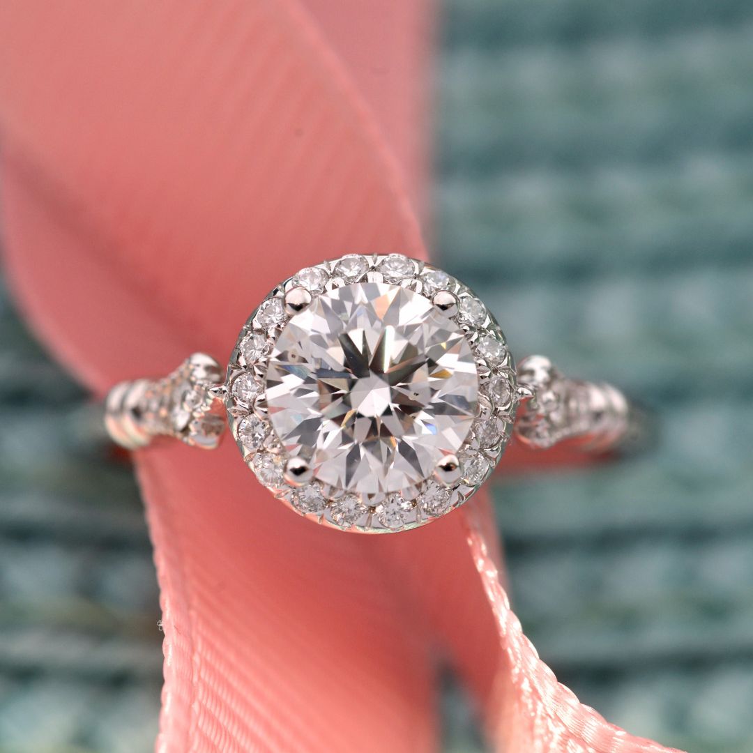 Jazzlyn Round Halo Engagement Ring Vintage Inspired in gold