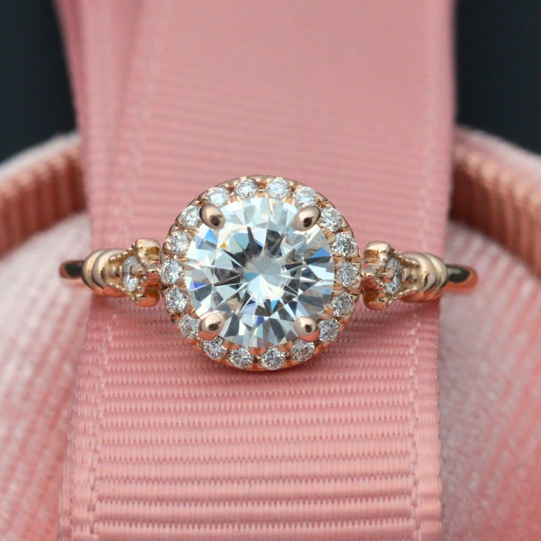 Jazzlyn Round Halo Engagement Ring Vintage Inspired in gold