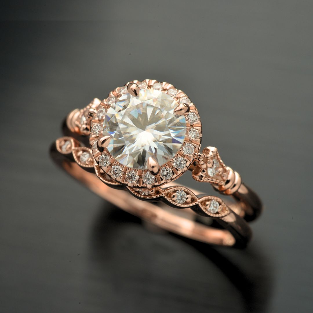 Jazzlyn Round Halo Engagement Ring Vintage Inspired in gold