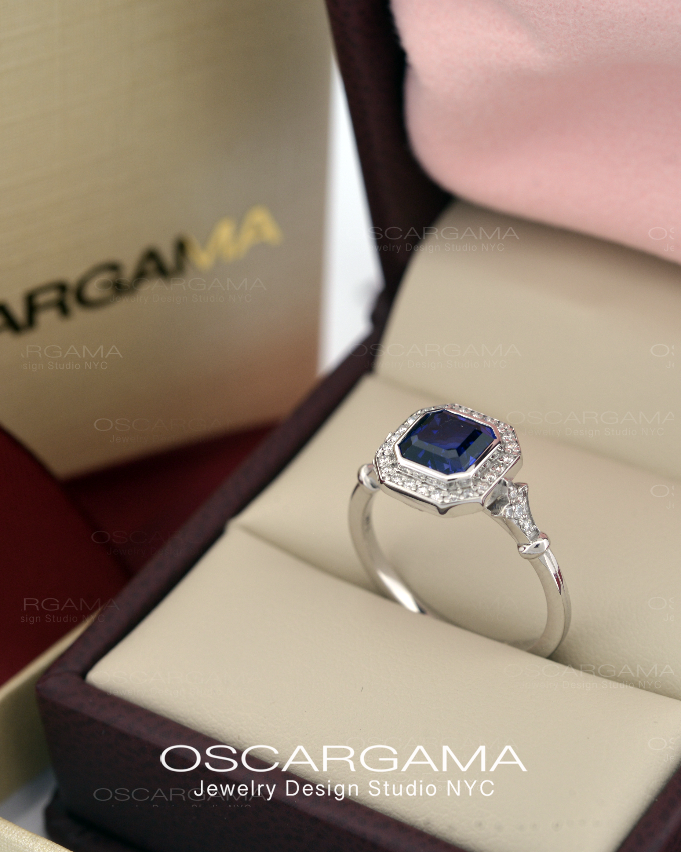 Jessica Asscher Cut Bezel Halo Engagement Ring