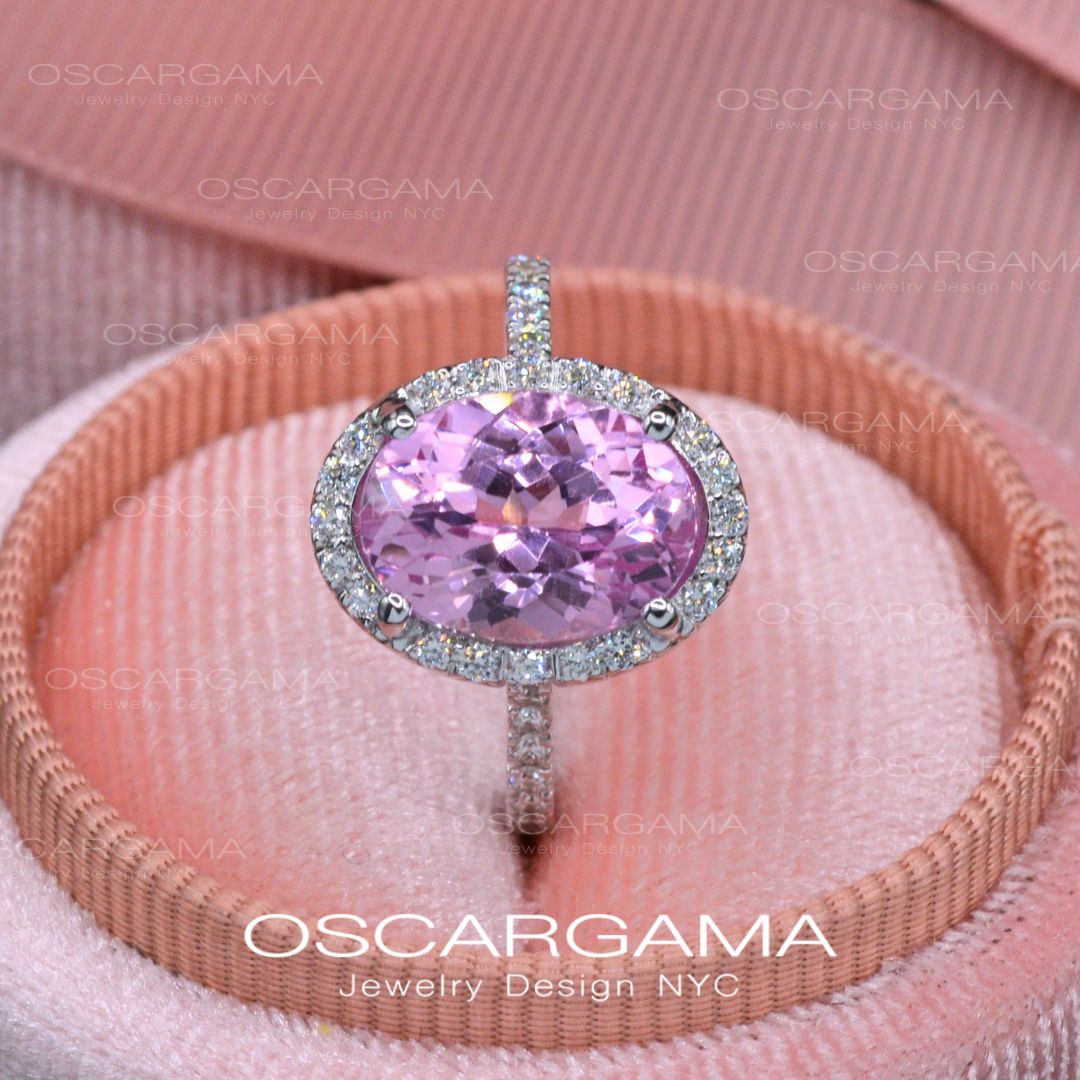 Pink Sapphire Oval Halo Lab Anniversary / Engagement ring