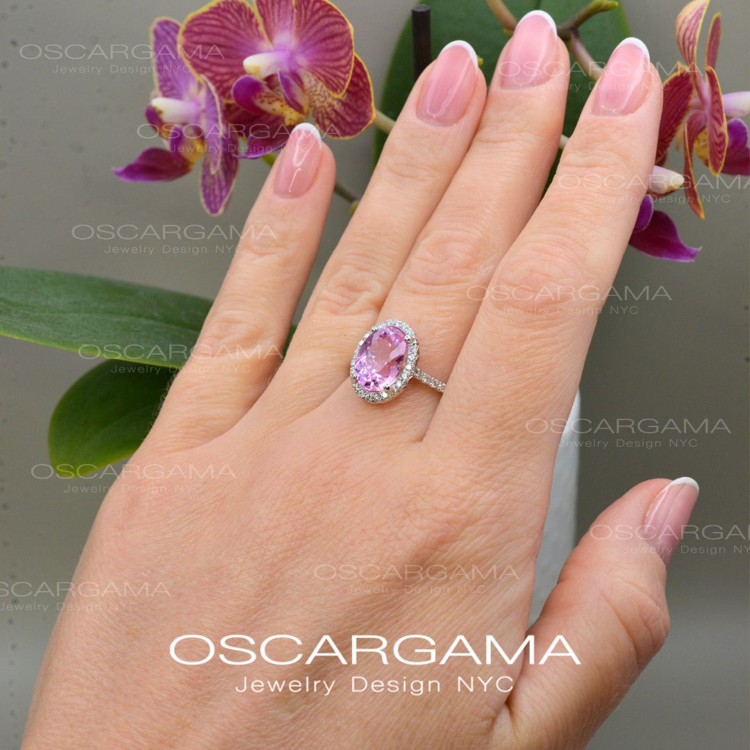Pink Sapphire Oval Halo Lab Anniversary / Engagement ring