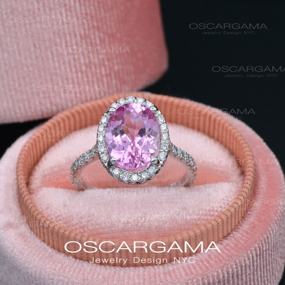 Pink Sapphire Oval Halo Lab Anniversary / Engagement ring