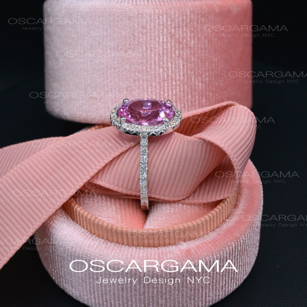 Pink Sapphire Oval Halo Lab Anniversary / Engagement ring