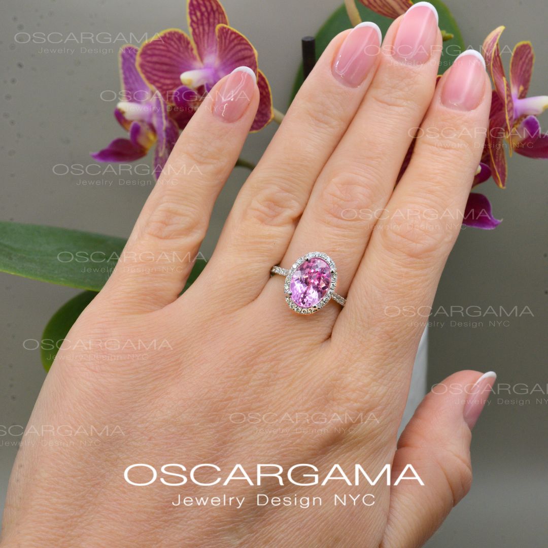 Pink Sapphire Oval Halo Lab Anniversary / Engagement ring