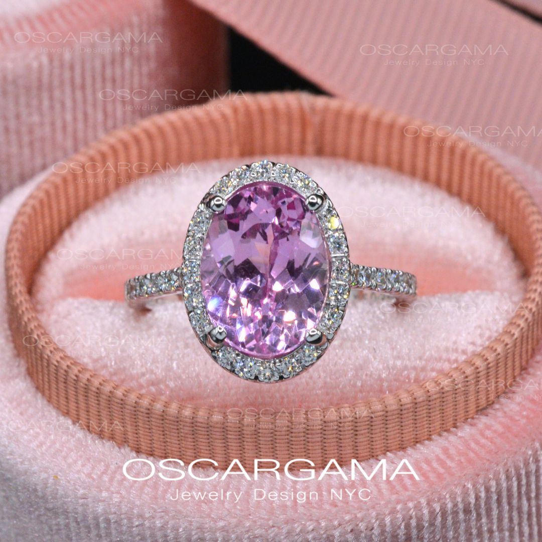 Pink Sapphire Oval Halo Lab Anniversary / Engagement ring