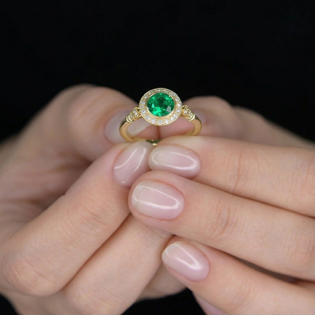 Jessica Round Bezel Blue Sapphire Halo Engagement Ring antique Look