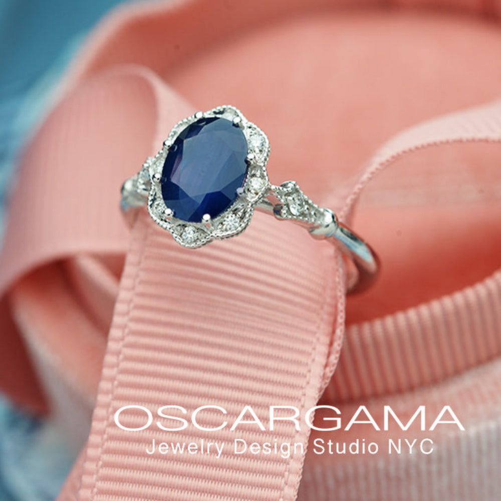 blue sapphire engagement ring halo vintage inspired in white gold