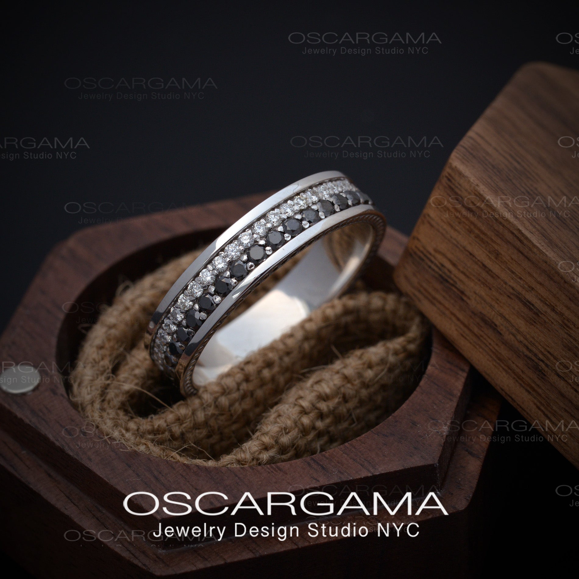 man wedding band with black and white diamonds