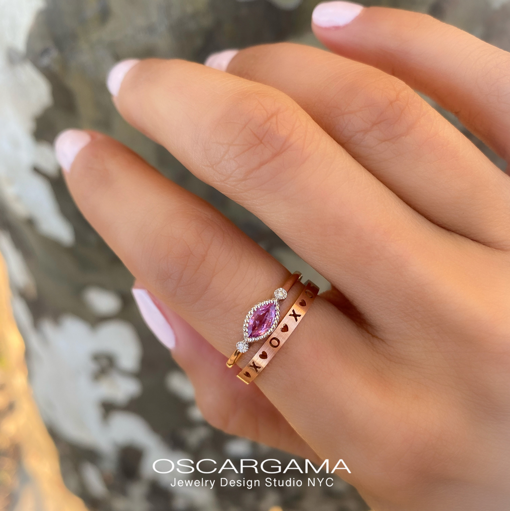 Stackable Band LOVE or XOXO in 14k Rose gold satin finish.