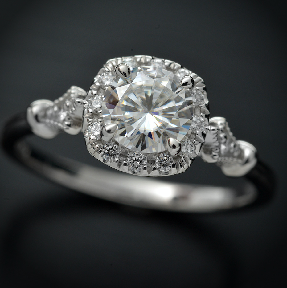 white gold cushion halo engagement ring vintage style