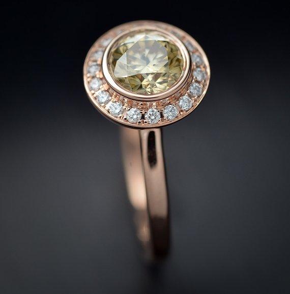 round bezel halo engagement ring with yellow diamond center in rose gold