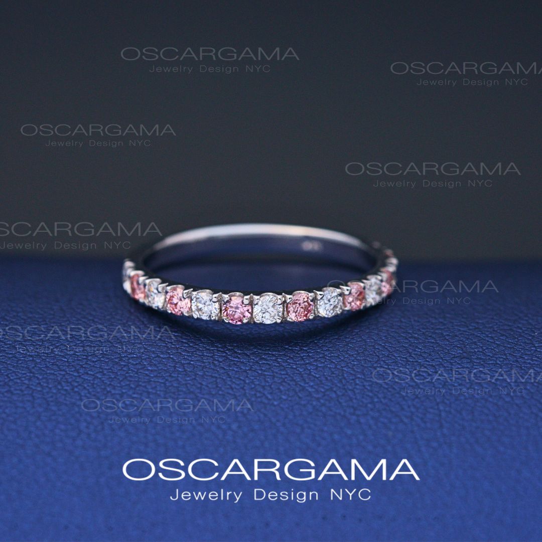 Wedding band with pink diamonds and white diamonds lab CVD in 14k gold