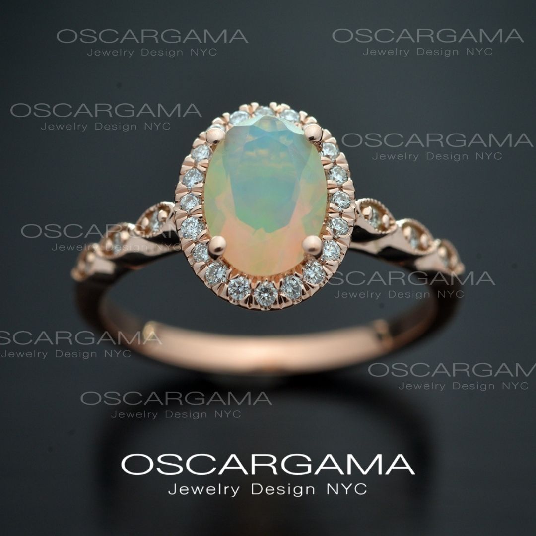 Ethiopian Fire Opal Halo Classic Engagement Ring