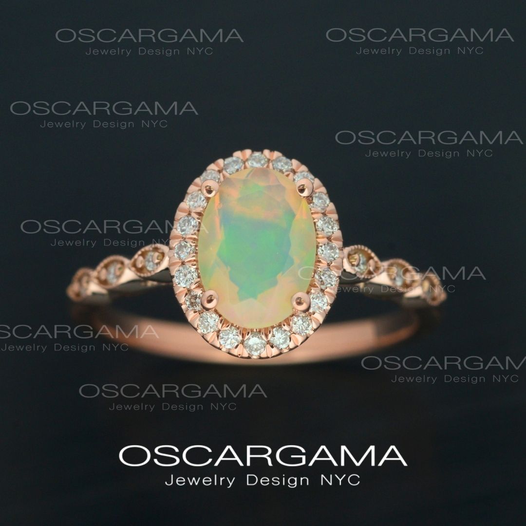 Ethiopian Fire Opal Halo Classic Engagement Ring