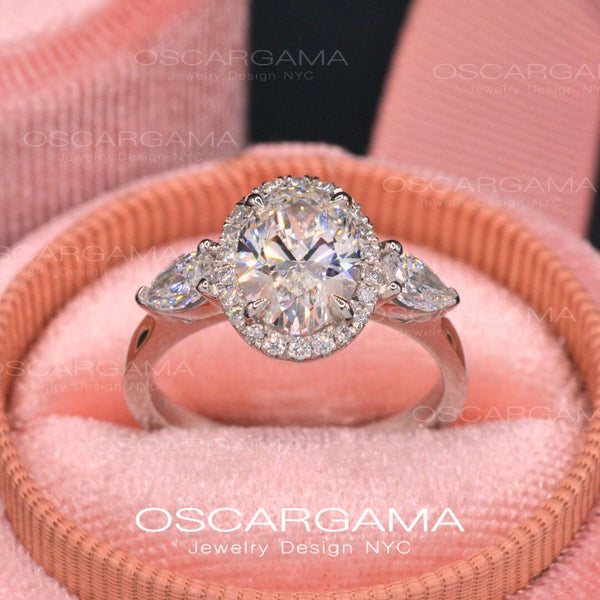Three stone Oval Halo engagement ring classic style
