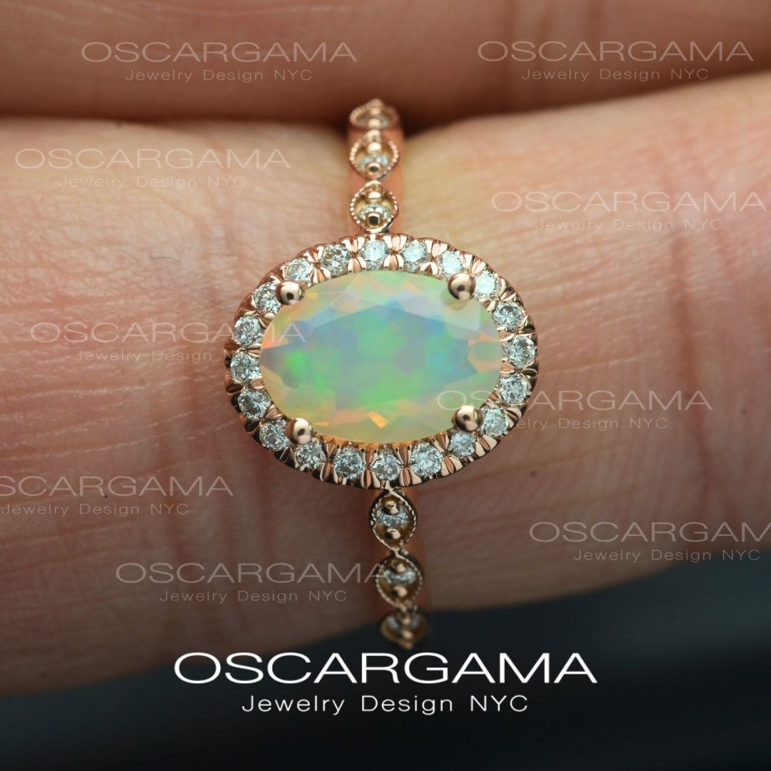 Ethiopian Fire Opal Halo Classic Engagement Ring