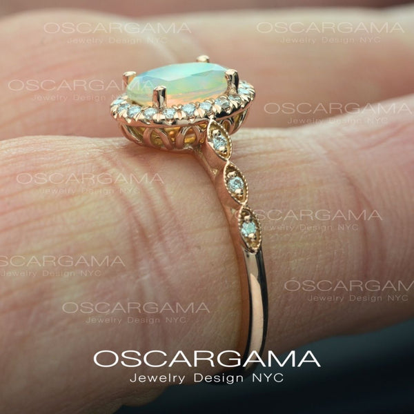 Ethiopian Fire Opal Halo Classic Engagement Ring