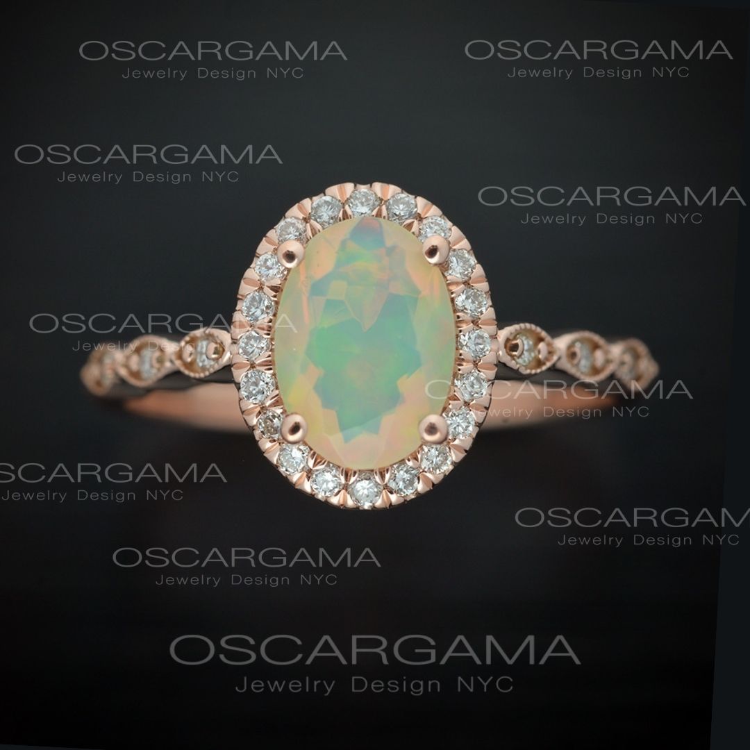 Ethiopian Fire Opal Halo Classic Engagement Ring