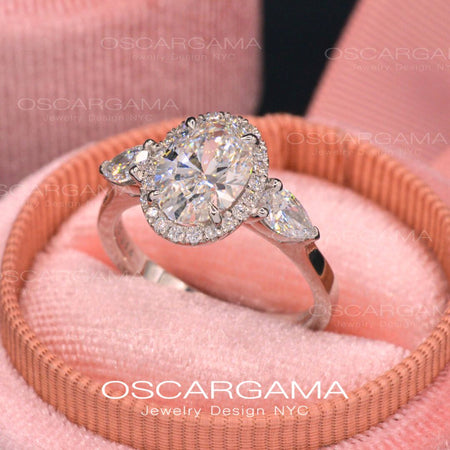 Three stone Oval Halo engagement ring classic style