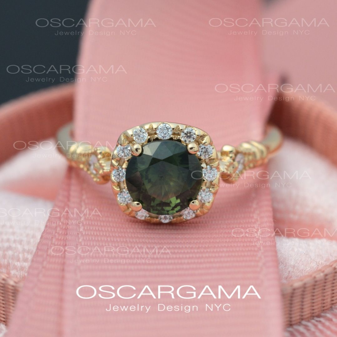 Jazzlyn Montana Green Sapphire Cushion Style Halo Engagement Ring