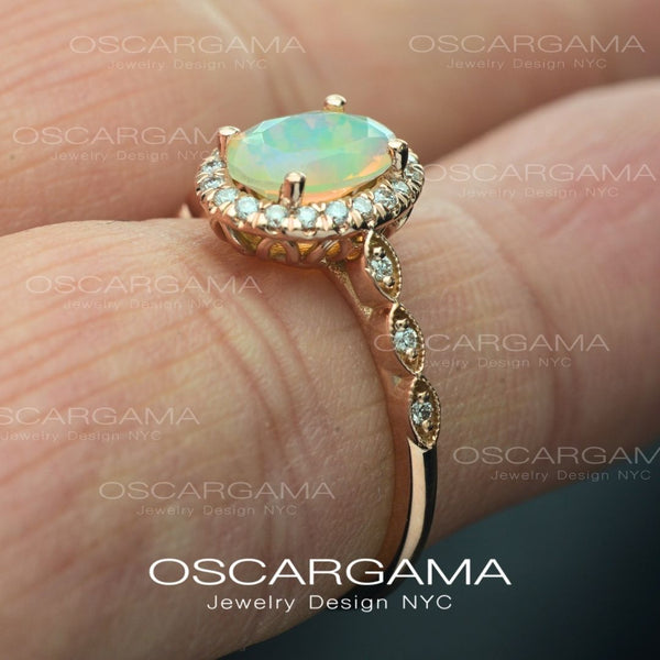 Ethiopian Fire Opal Halo Classic Engagement Ring
