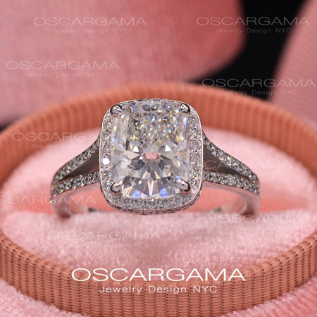 Cushion halo diamond 2.74ct Classic Engagement ring with split shank
