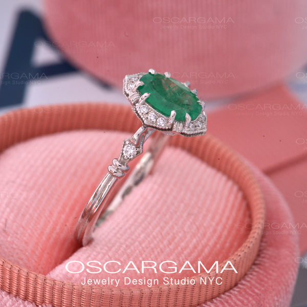Custom Oval Cut Emerald and Opal Halo Ring - Bario Neal