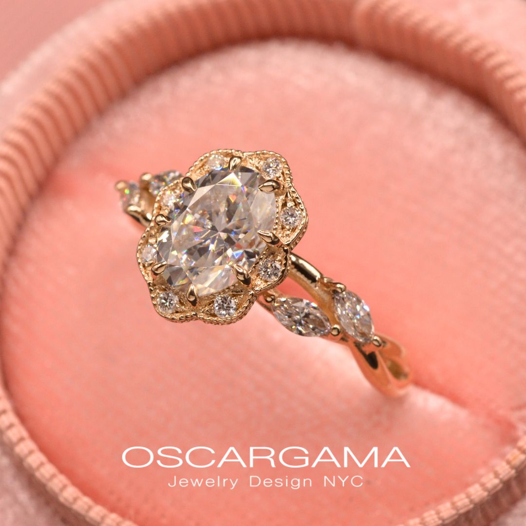 Daisy Oval Twisted Engagement Ring with marquises