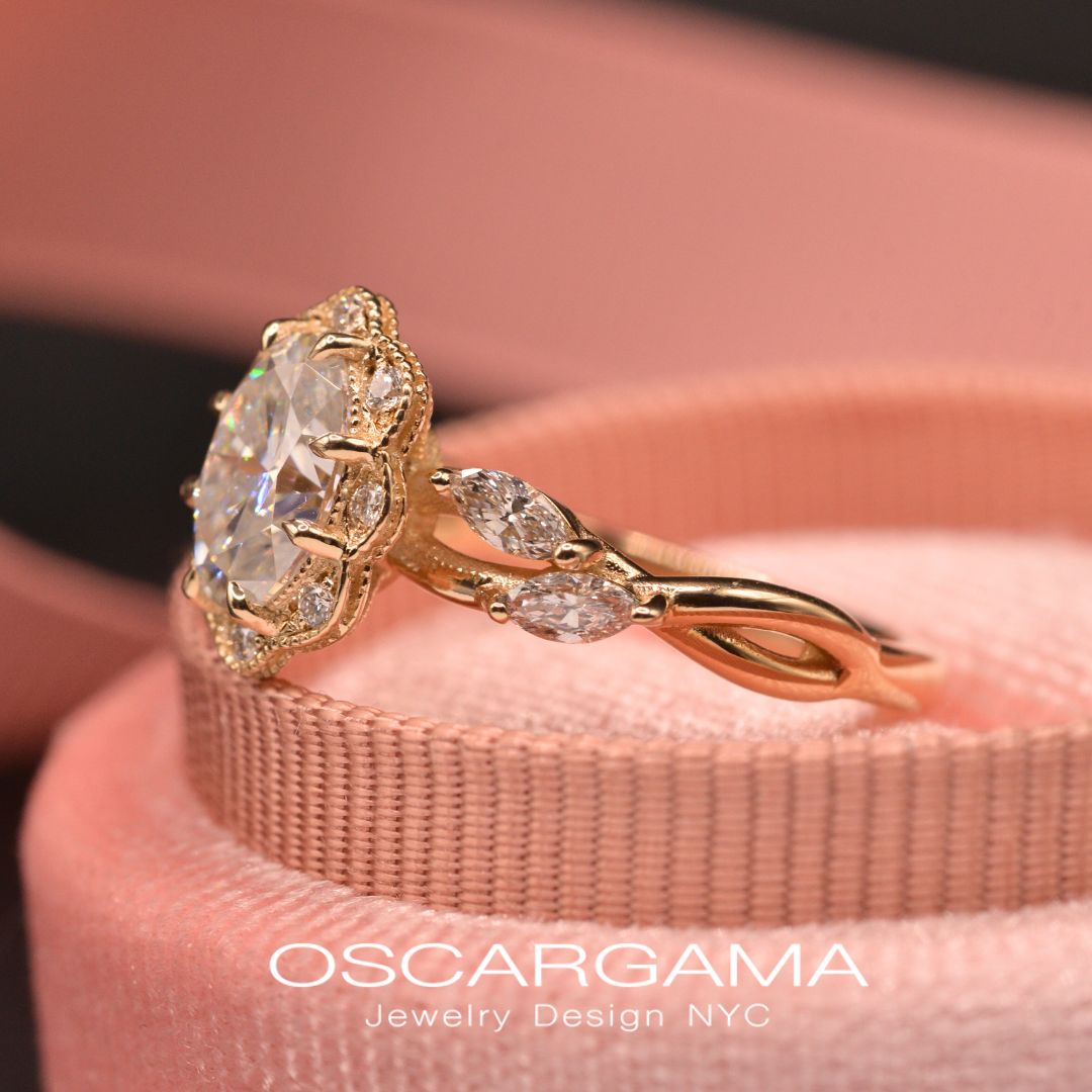 Daisy Oval Twisted Engagement Ring with marquises
