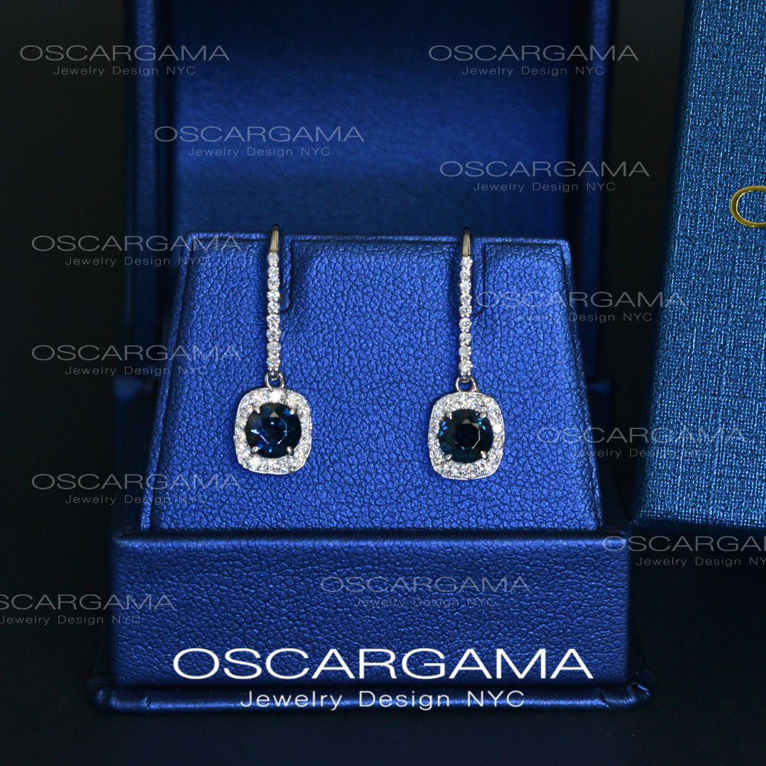 Midnight Blue Sapphire & Diamond Halo Drop Earrings