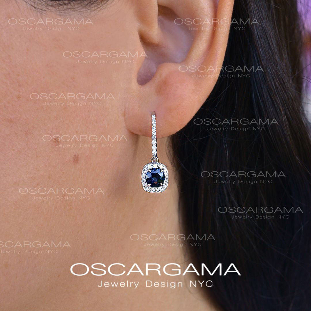 Midnight Blue Sapphire & Diamond Halo Drop Earrings