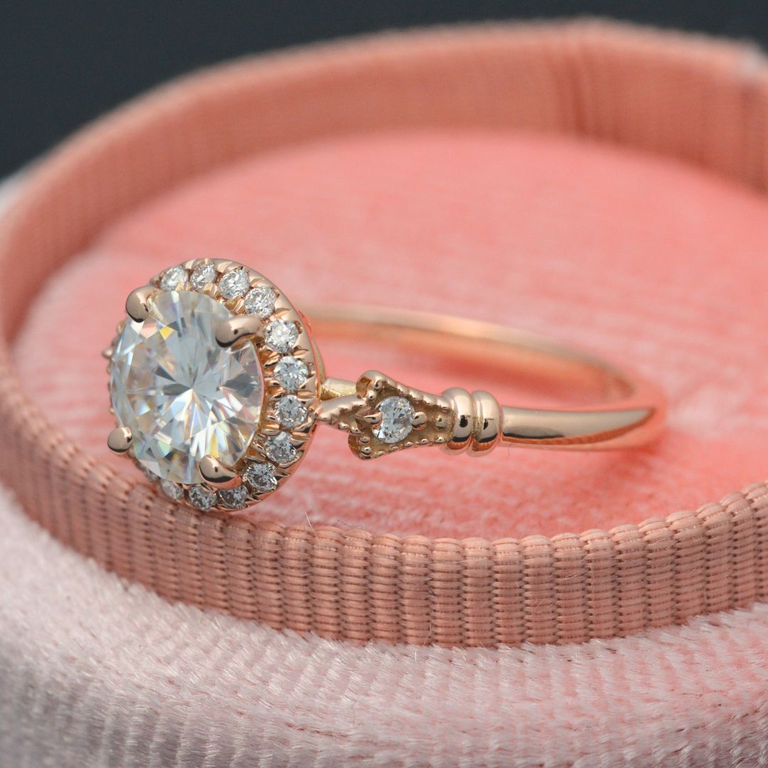 Jazzlyn Round Halo Engagement Ring Vintage Inspired in gold