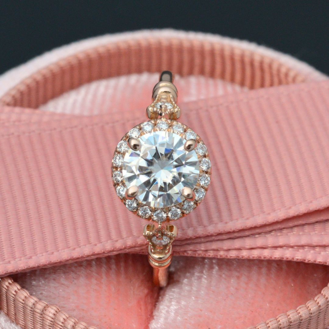 Jazzlyn Round Halo Engagement Ring Vintage Inspired in gold