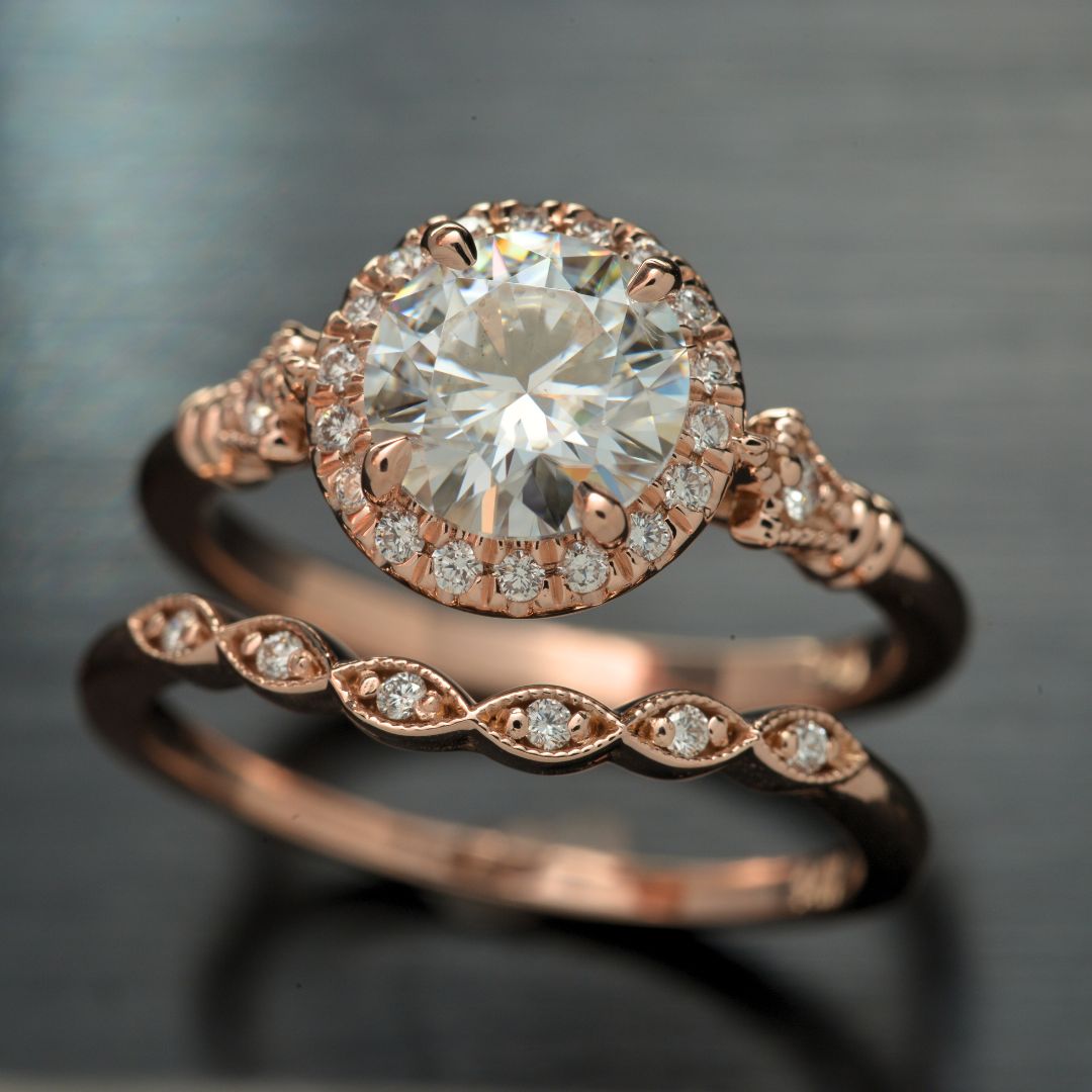 Jazzlyn Round Halo Engagement Ring Vintage Inspired in gold