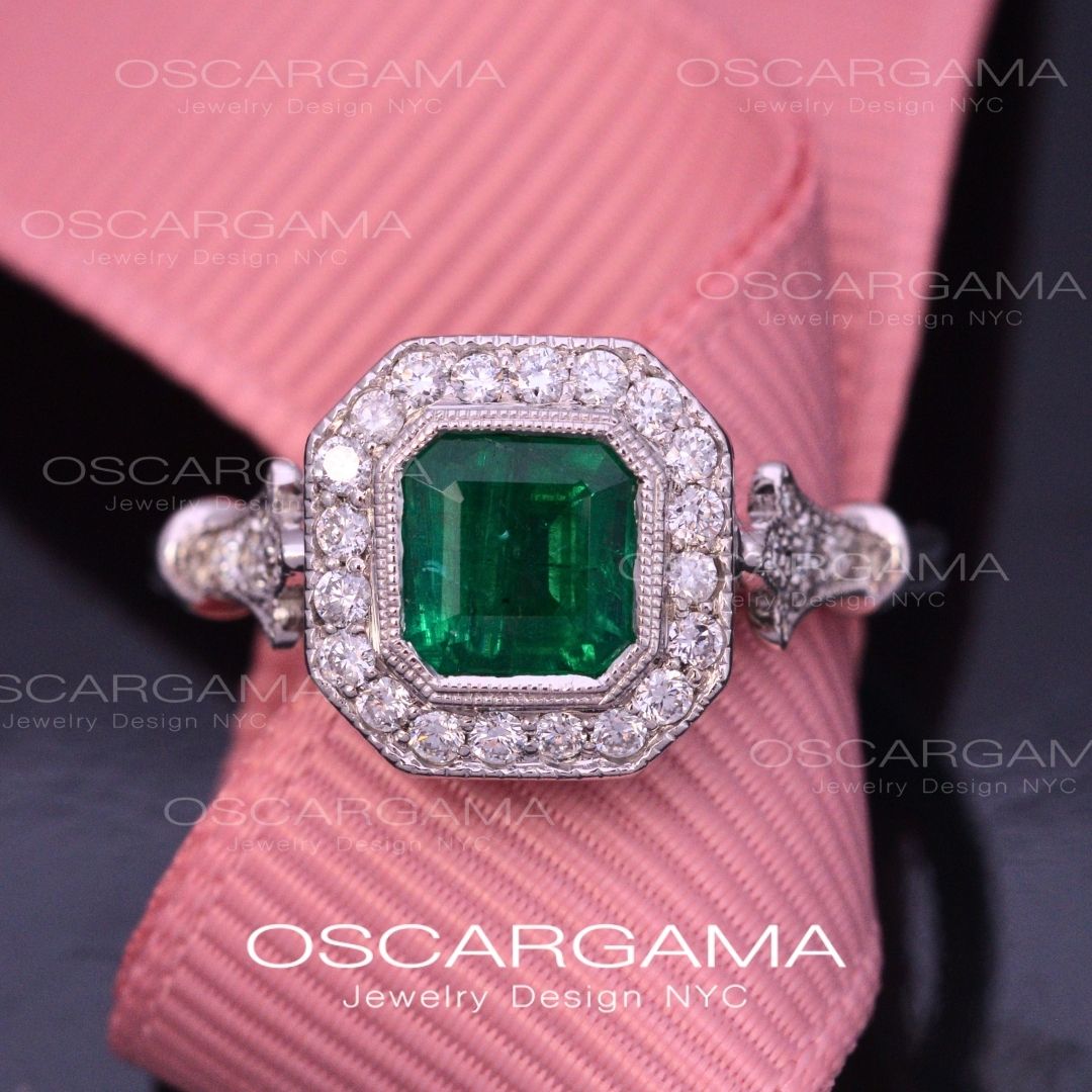 Jessica Asscher Cut Bezel Emerald Halo Engagement Ring