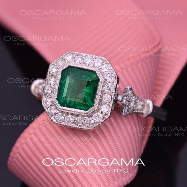 Jessica Asscher Cut Bezel Emerald Halo Engagement Ring