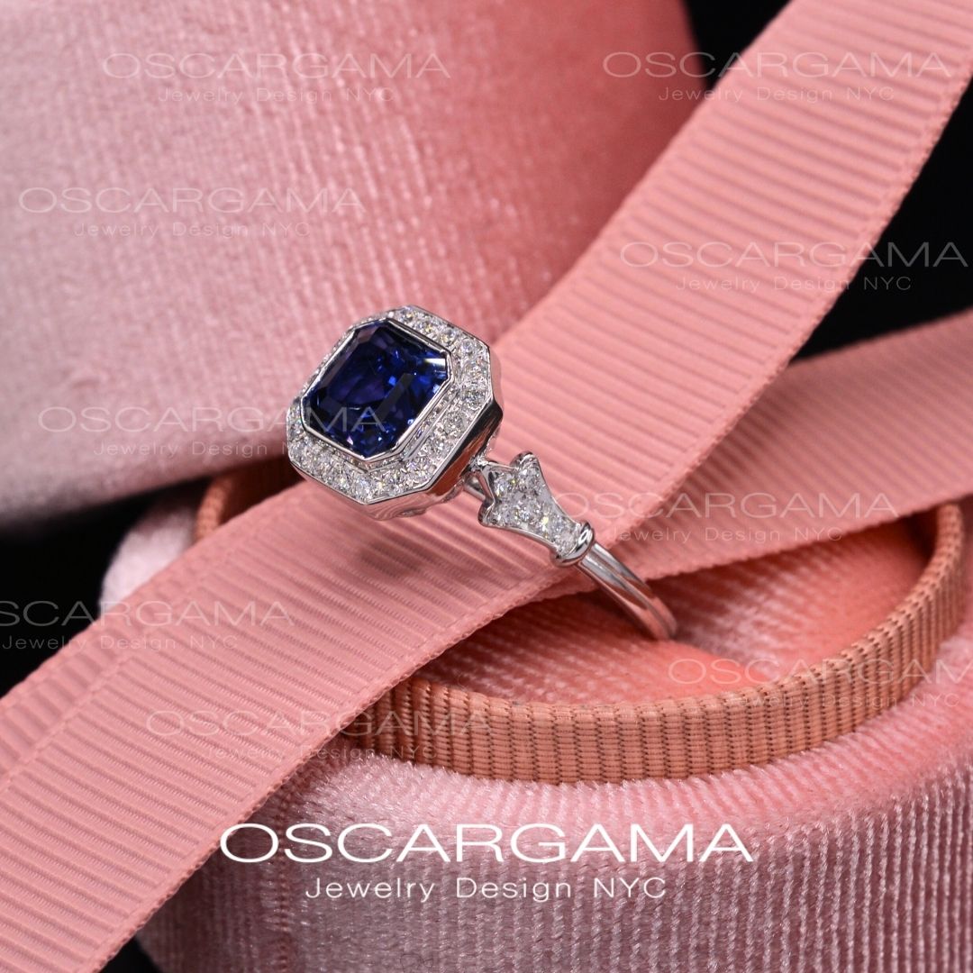 Jessica Asscher Cut Bezel Lab Blue Sapphire Halo Engagement Ring