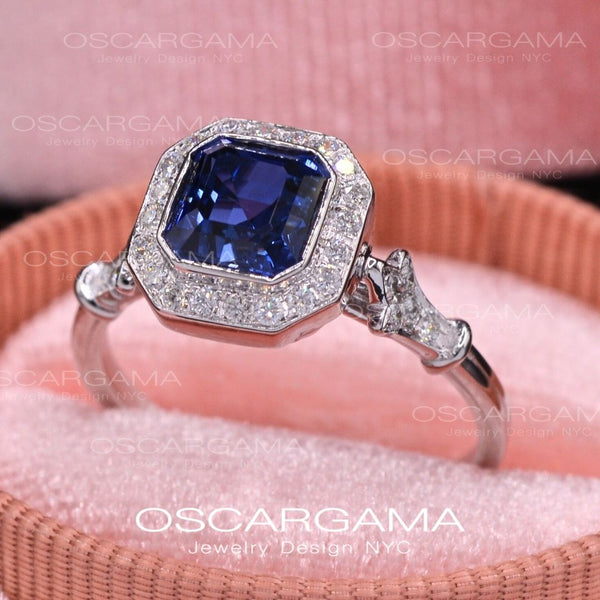 Jessica Asscher Cut Bezel Lab Blue Sapphire Halo Engagement Ring