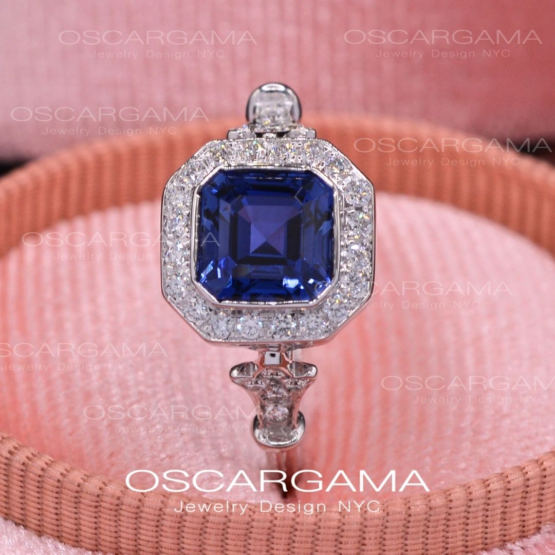 Jessica Asscher Cut Bezel Lab Blue Sapphire Halo Engagement Ring