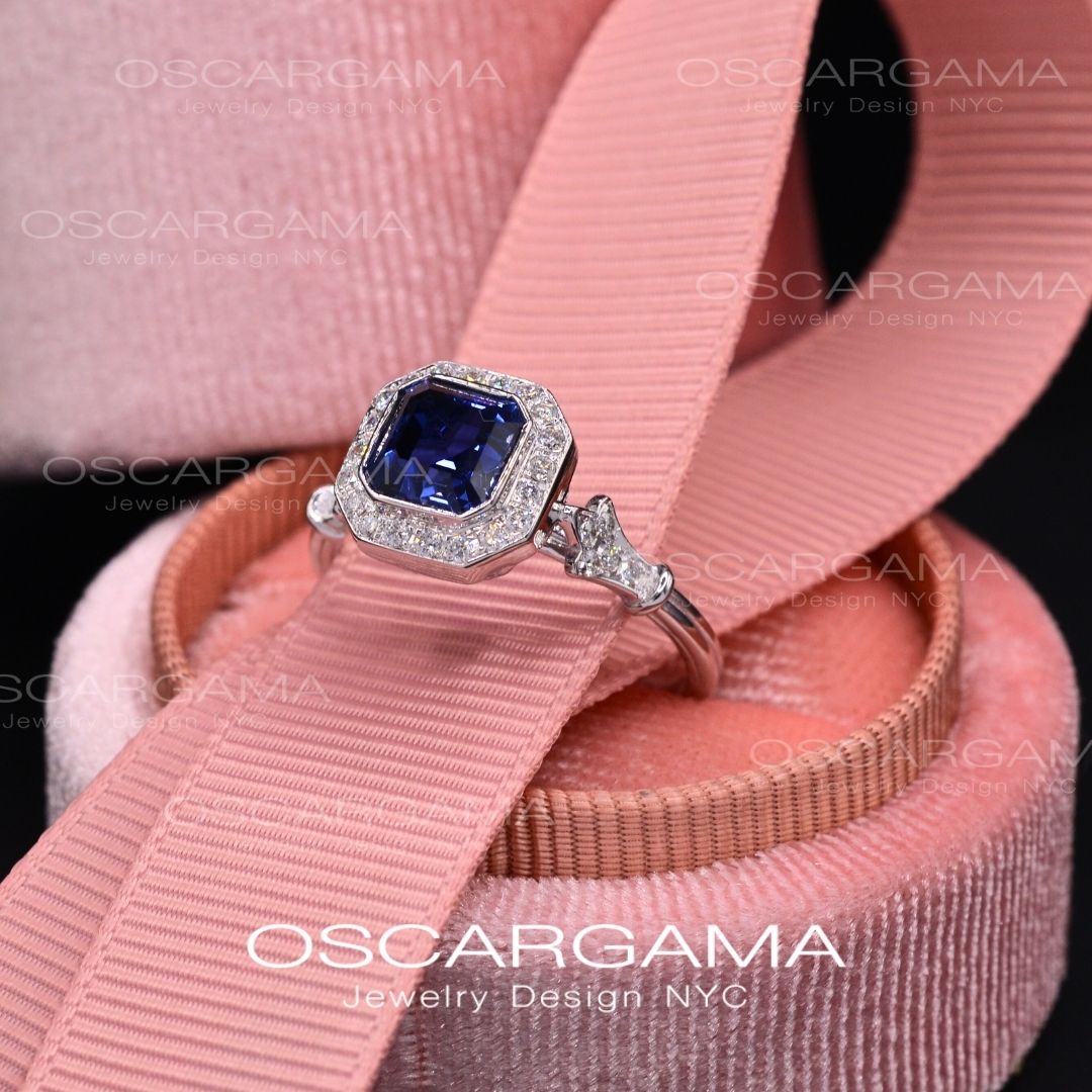 Jessica Asscher Cut Bezel Lab Blue Sapphire Halo Engagement Ring