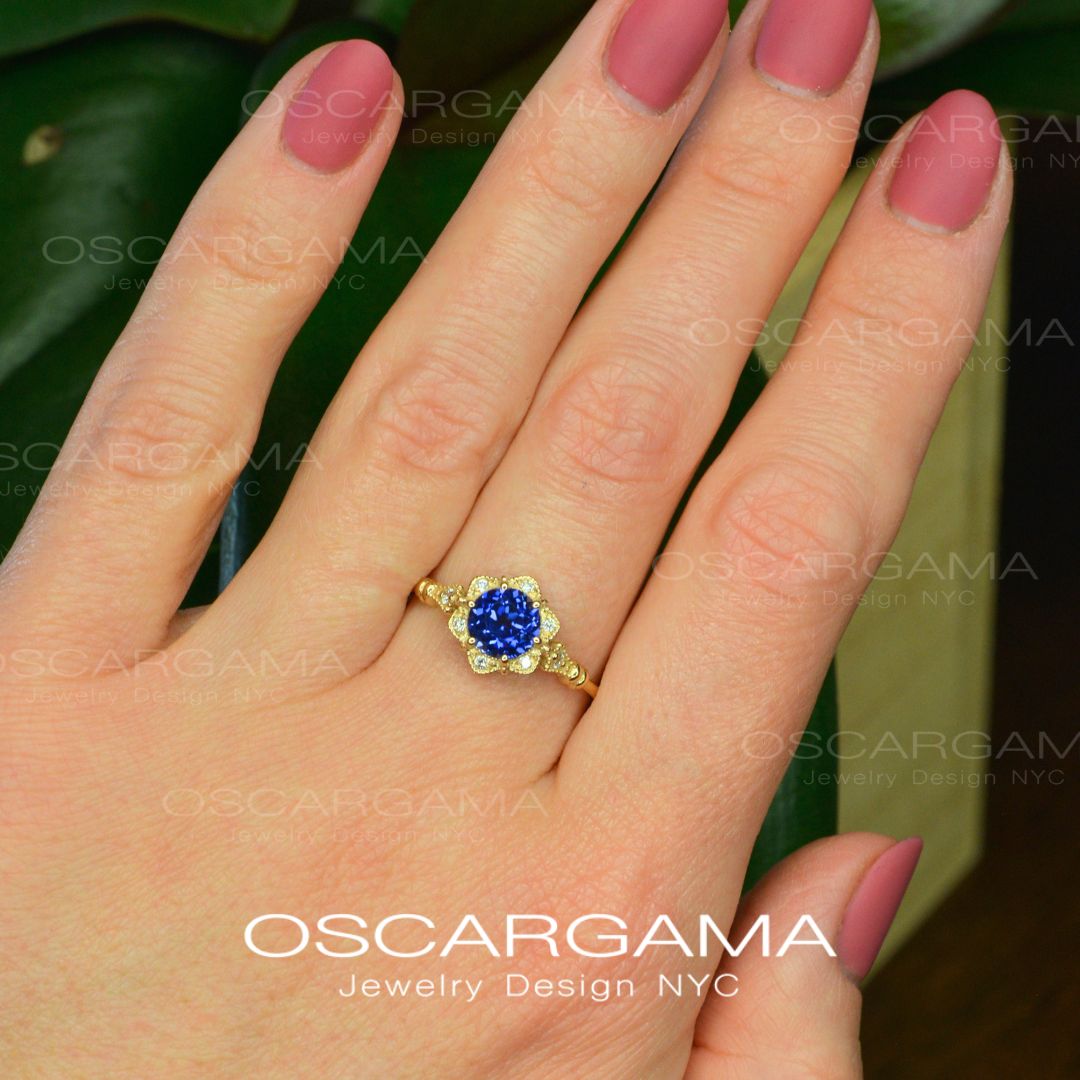 Round Daisy Star Blue Sapphire Engagement Ring Vintage Inspired